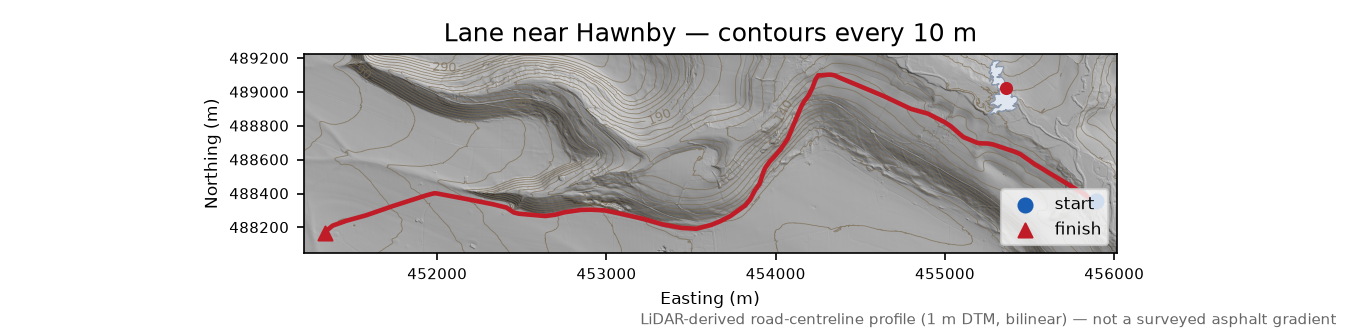 Lane near Hawnby LiDAR hillshade map with contours