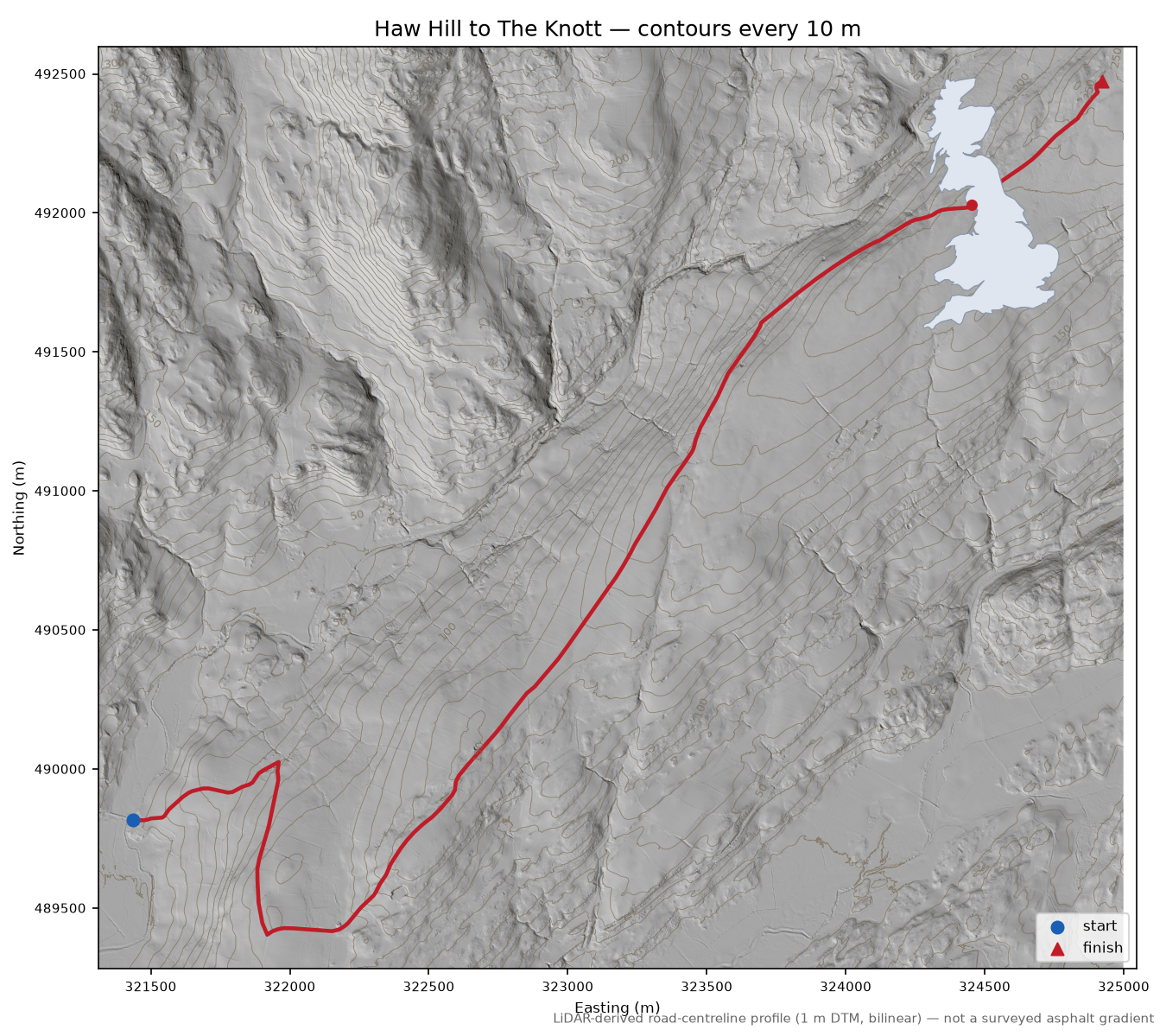 Haw Hill to The Knott LiDAR hillshade map with contours
