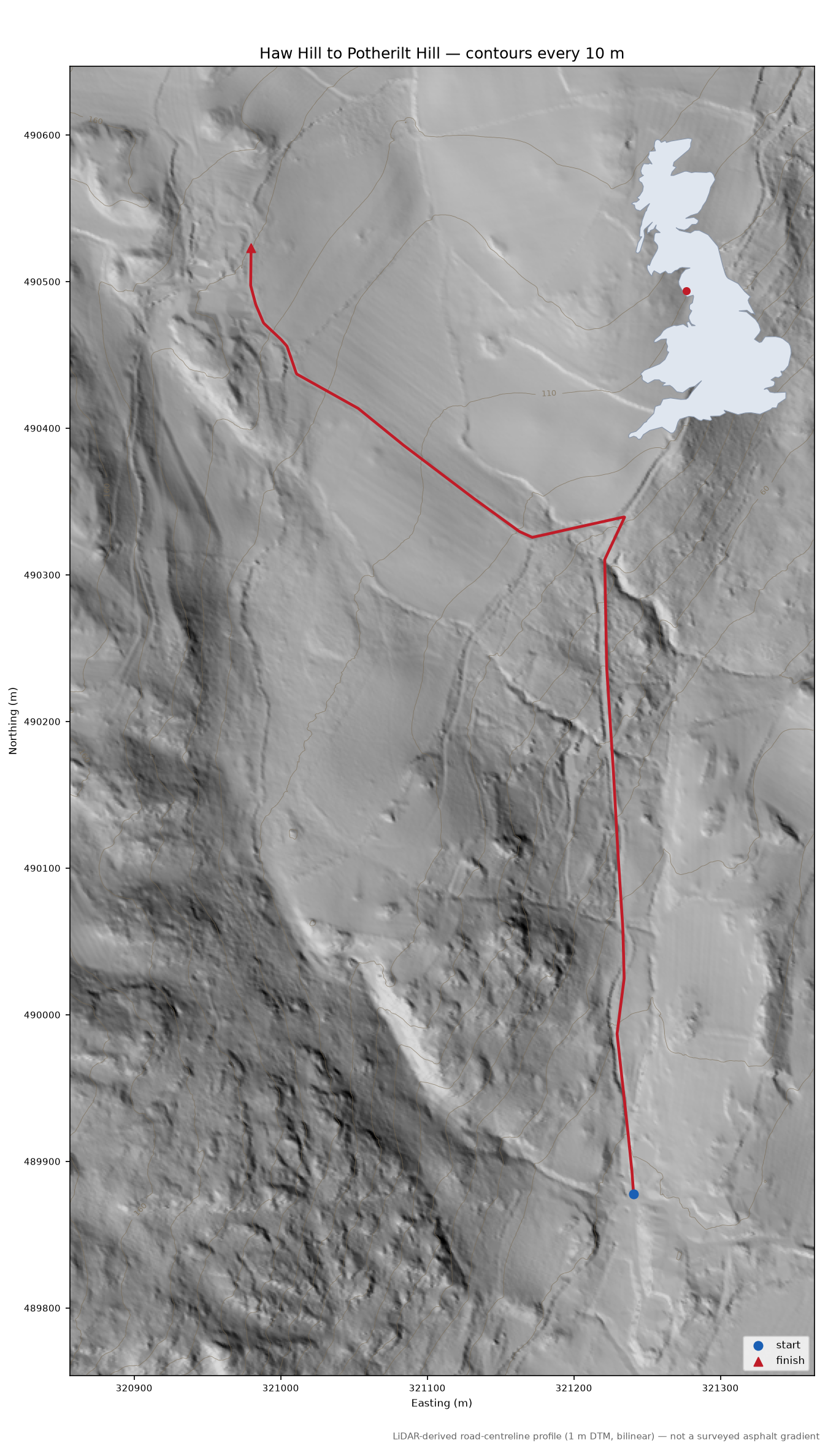 Haw Hill to Potherilt Hill LiDAR hillshade map with contours