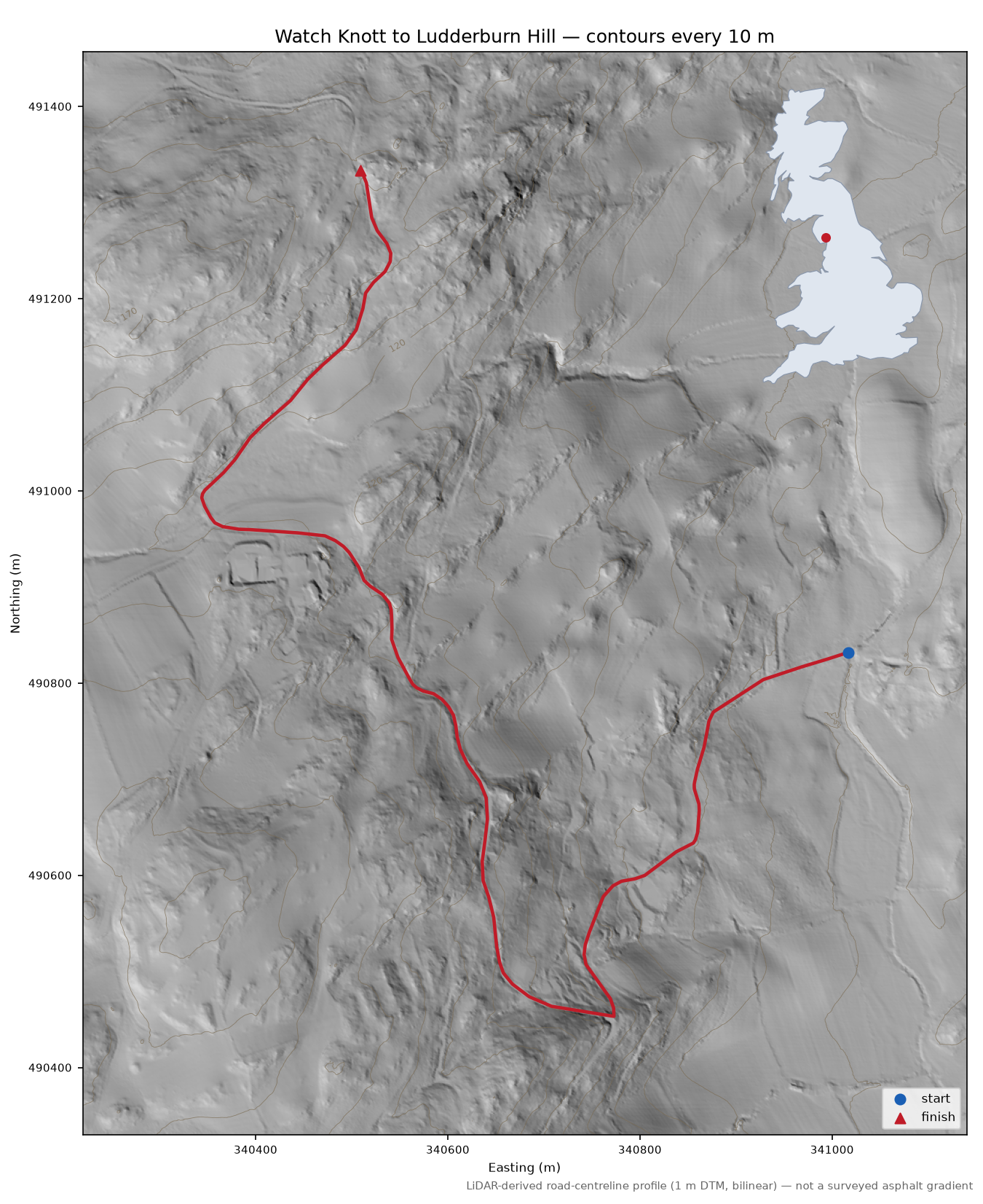 Watch Knott to Ludderburn Hill LiDAR hillshade map with contours