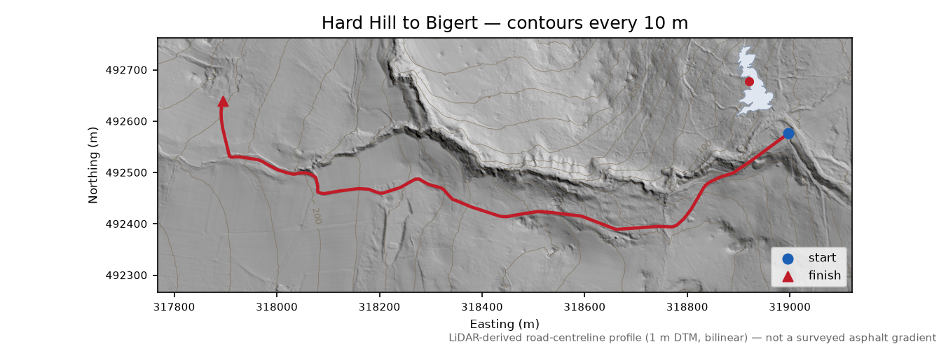 Hard Hill to Bigert LiDAR hillshade map with contours