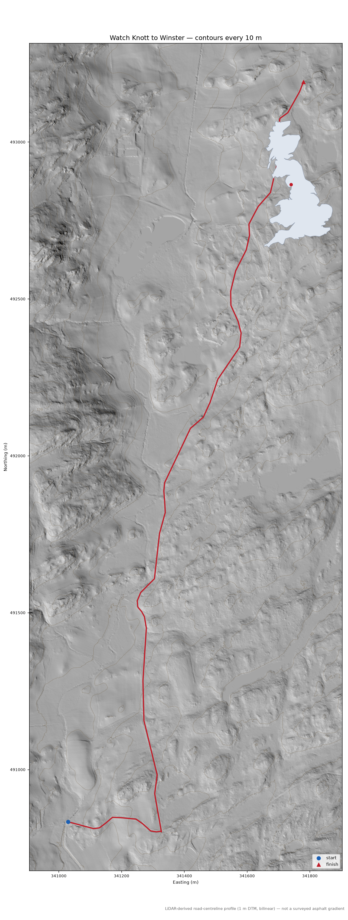 Watch Knott to Winster LiDAR hillshade map with contours