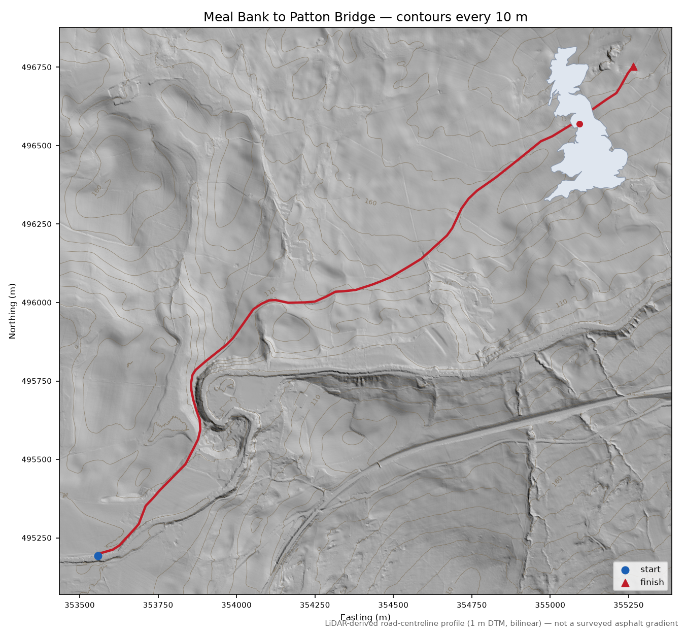 Meal Bank to Patton Bridge LiDAR hillshade map with contours
