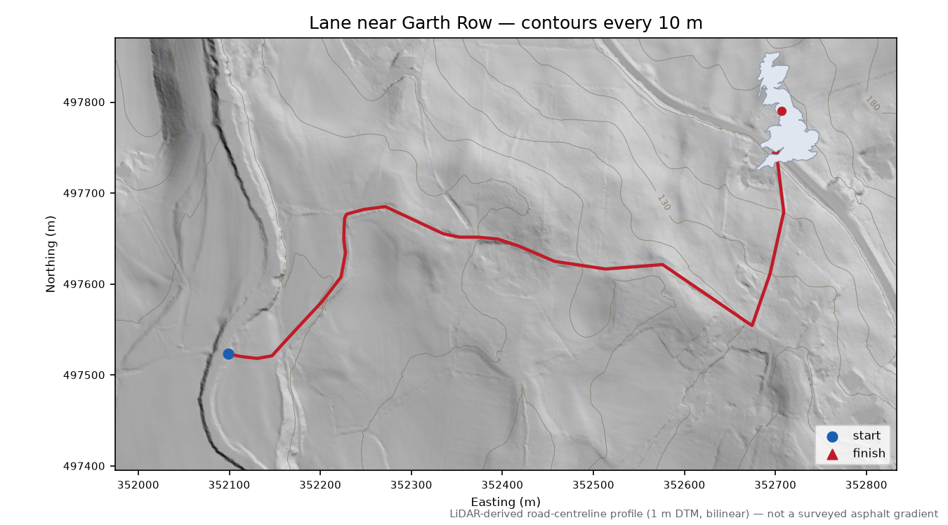 Lane near Garth Row LiDAR hillshade map with contours