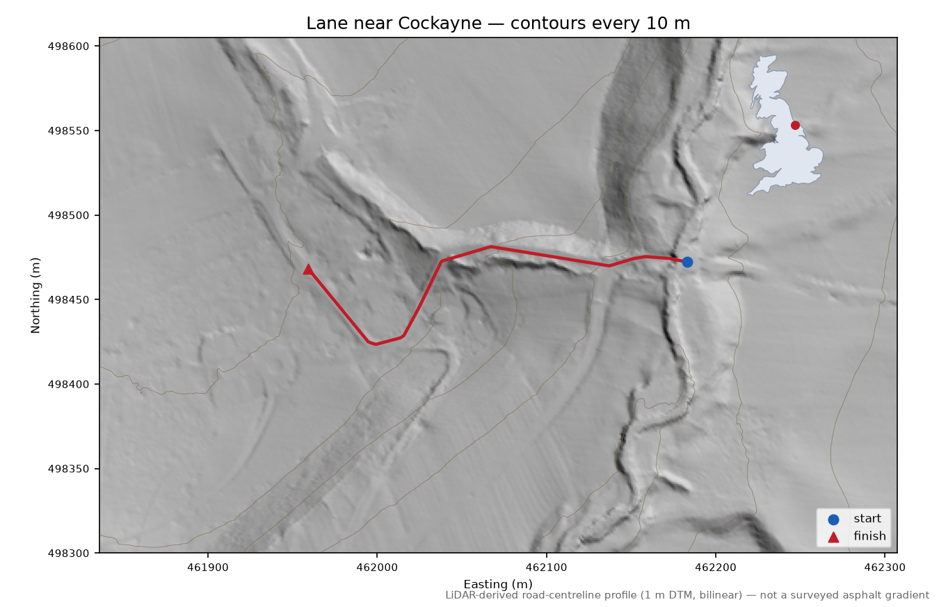 Lane near Cockayne LiDAR hillshade map with contours