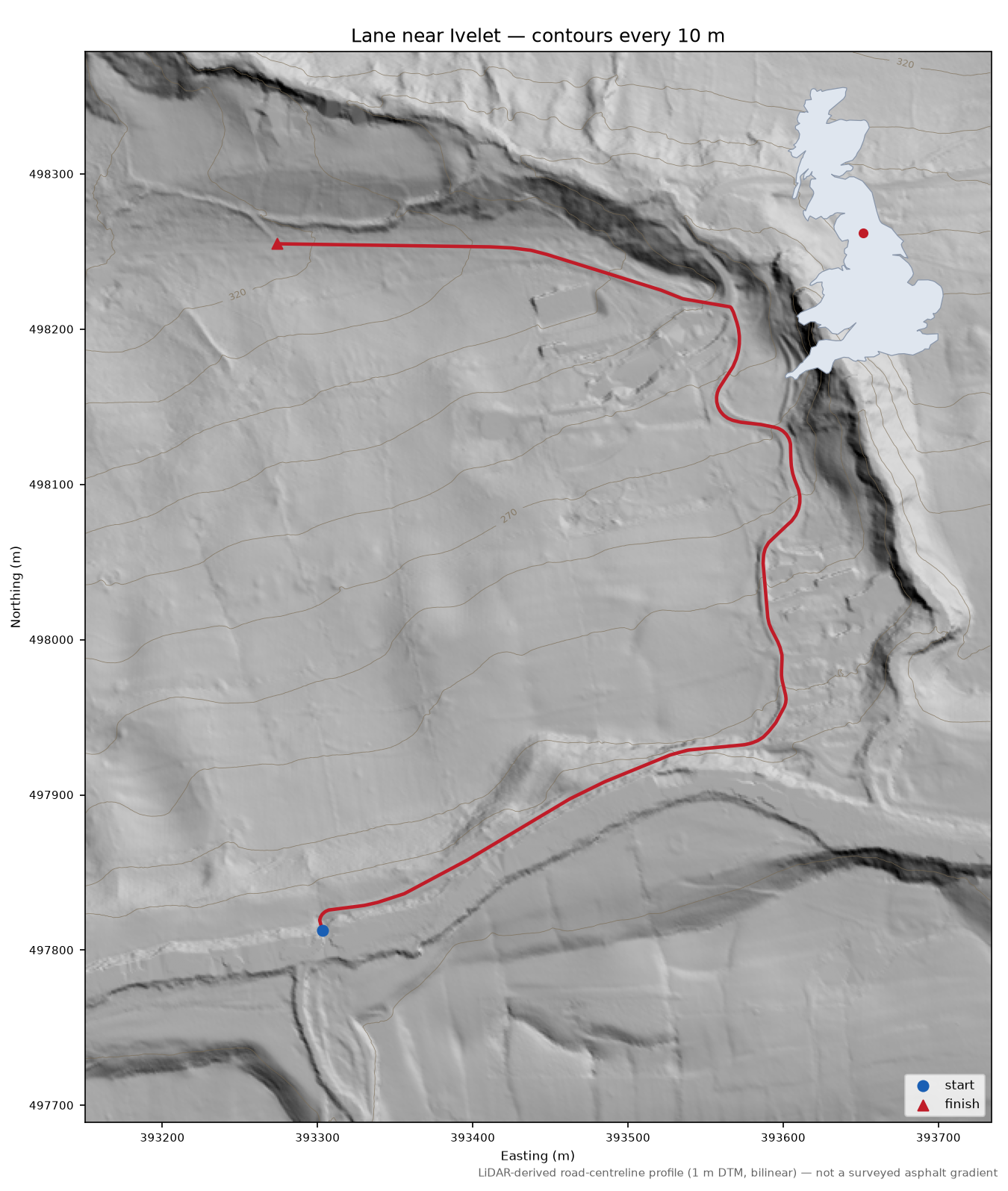 Lane near Ivelet LiDAR hillshade map with contours