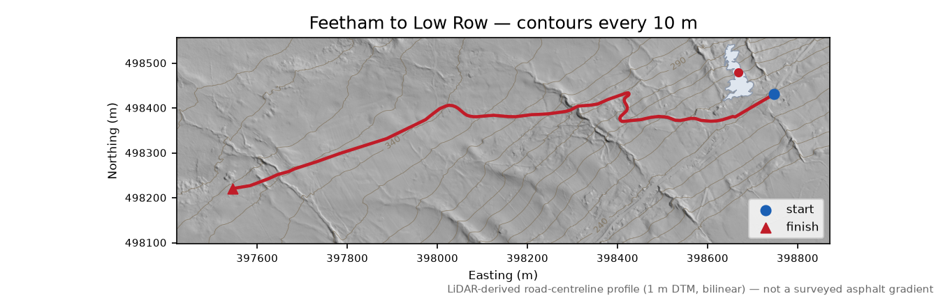 Feetham to Low Row LiDAR hillshade map with contours