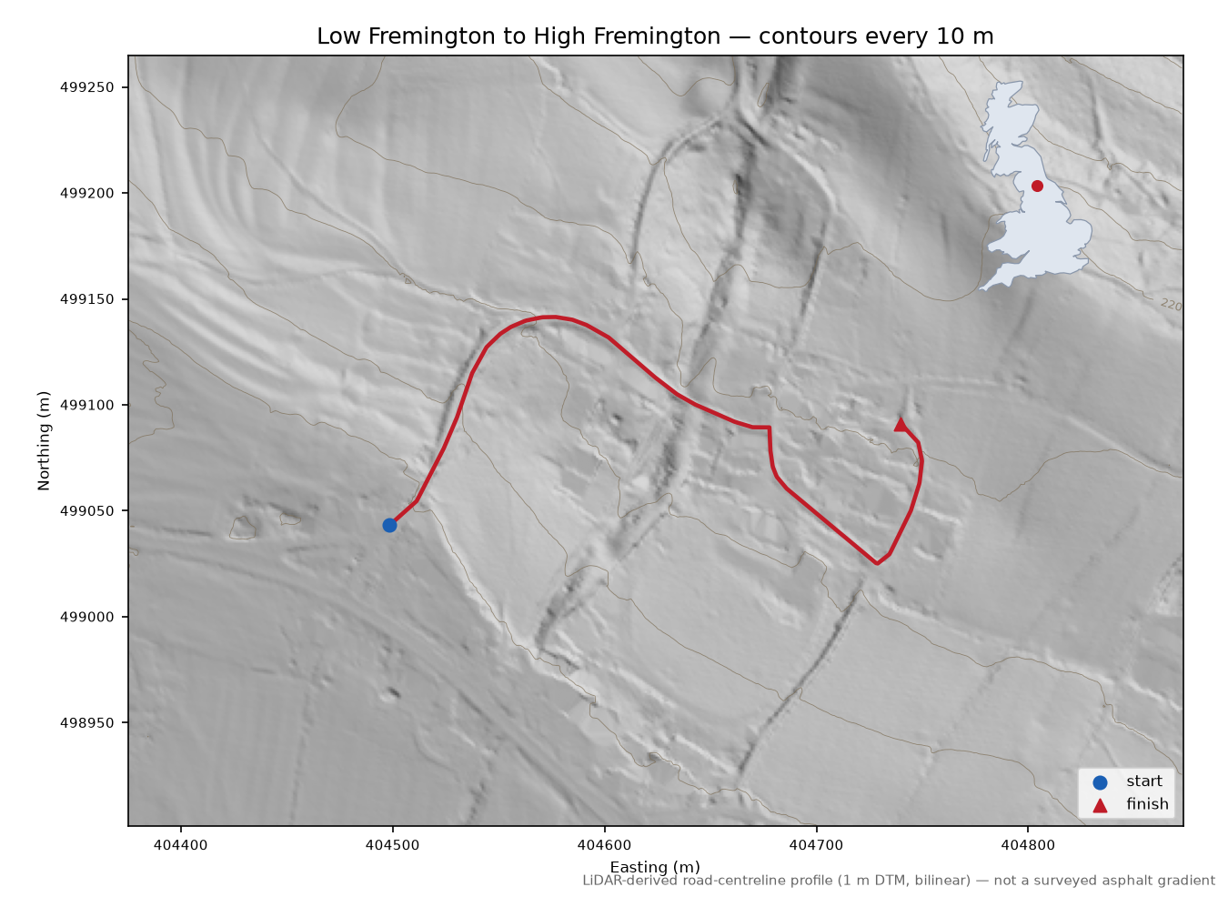 Low Fremington to High Fremington LiDAR hillshade map with contours