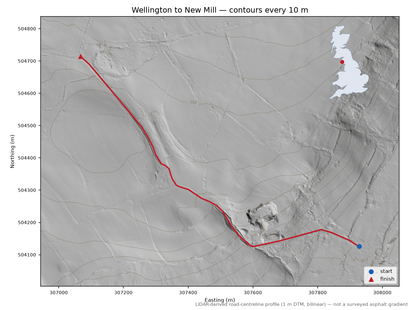 Wellington to New Mill LiDAR hillshade map with contours