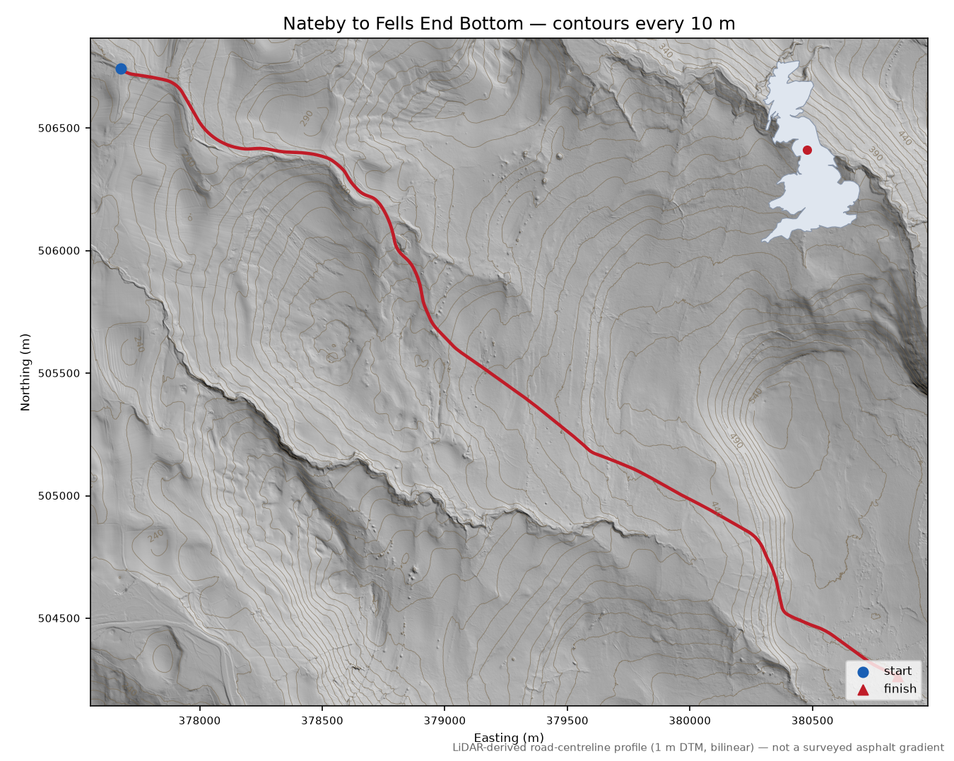 Nateby to Fells End Bottom LiDAR hillshade map with contours