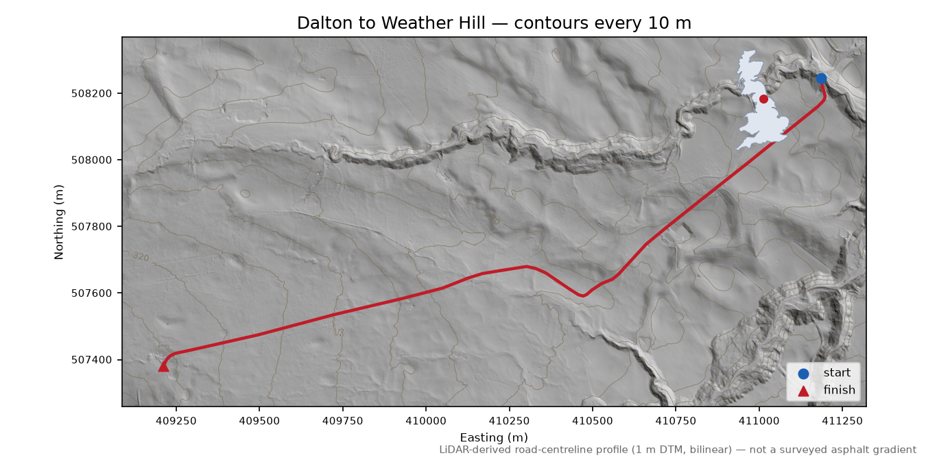 Dalton to Weather Hill LiDAR hillshade map with contours