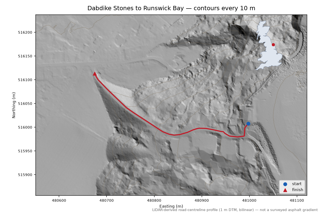 Dabdike Stones to Runswick Bay LiDAR hillshade map with contours
