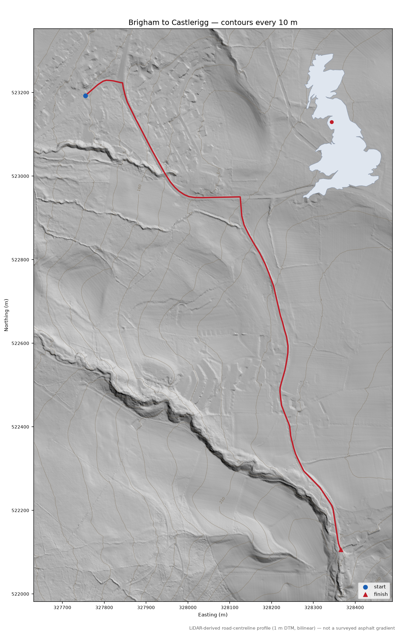 Brigham to Castlerigg LiDAR hillshade map with contours