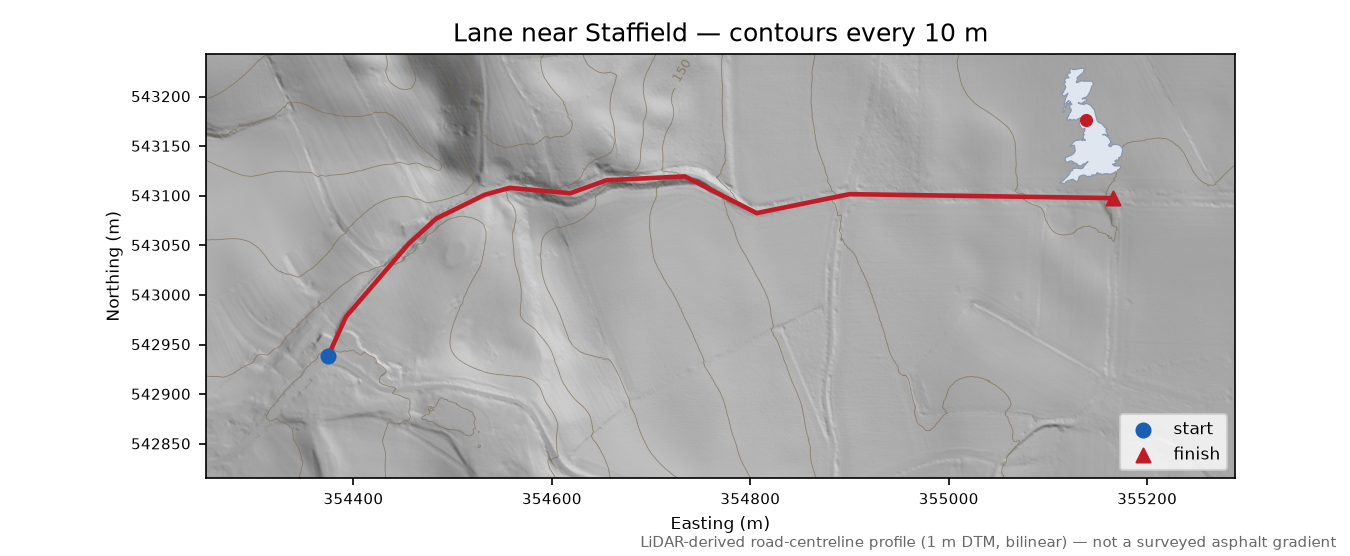 Lane near Staffield LiDAR hillshade map with contours