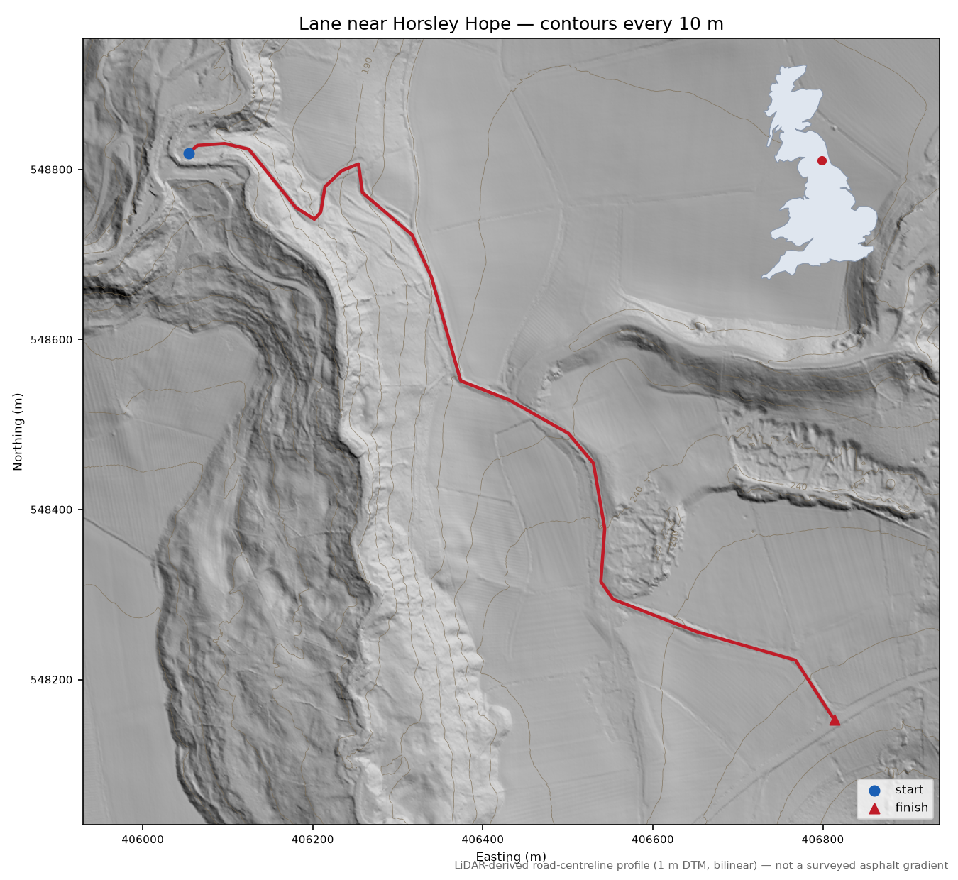 Lane near Horsley Hope LiDAR hillshade map with contours