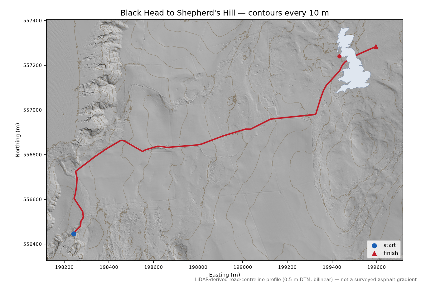 Black Head to Shepherd's Hill LiDAR hillshade map with contours