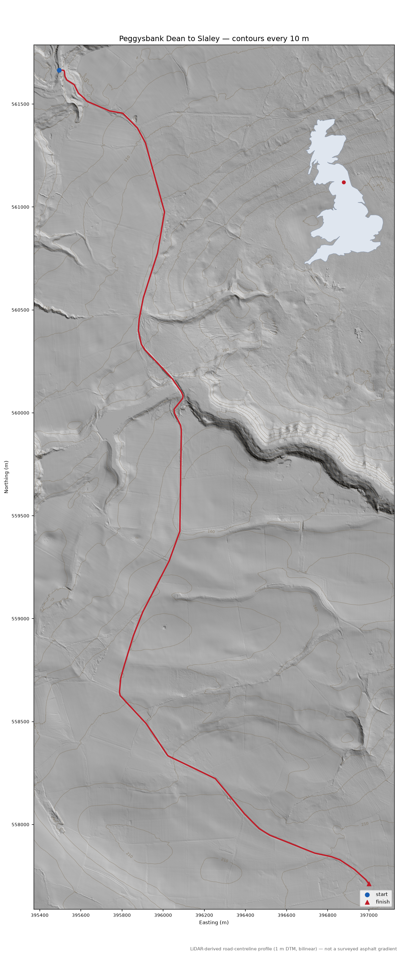 Peggysbank Dean to Slaley LiDAR hillshade map with contours
