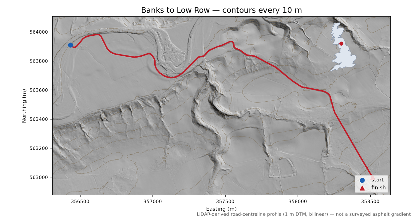 Banks to Low Row LiDAR hillshade map with contours