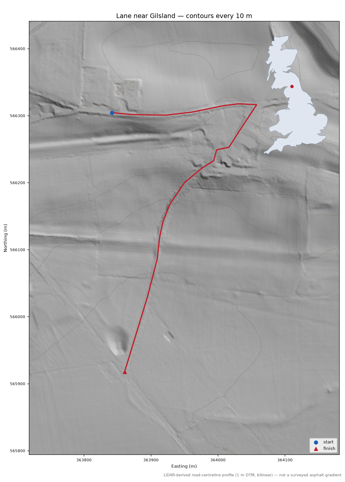 Lane near Gilsland LiDAR hillshade map with contours