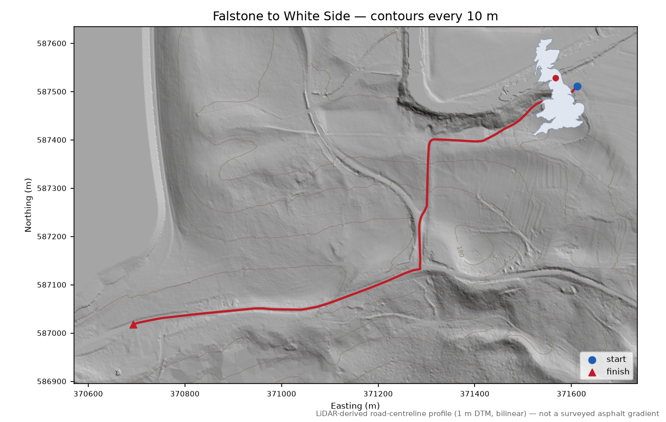 Falstone to White Side LiDAR hillshade map with contours