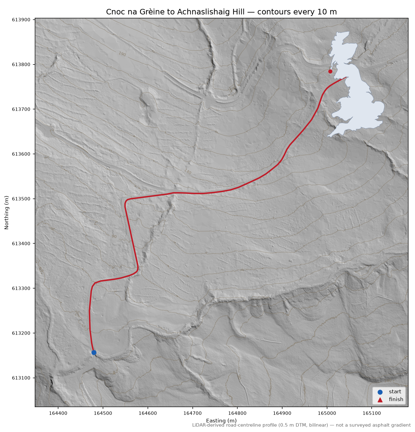Cnoc na Grèine to Achnaslishaig Hill LiDAR hillshade map with contours