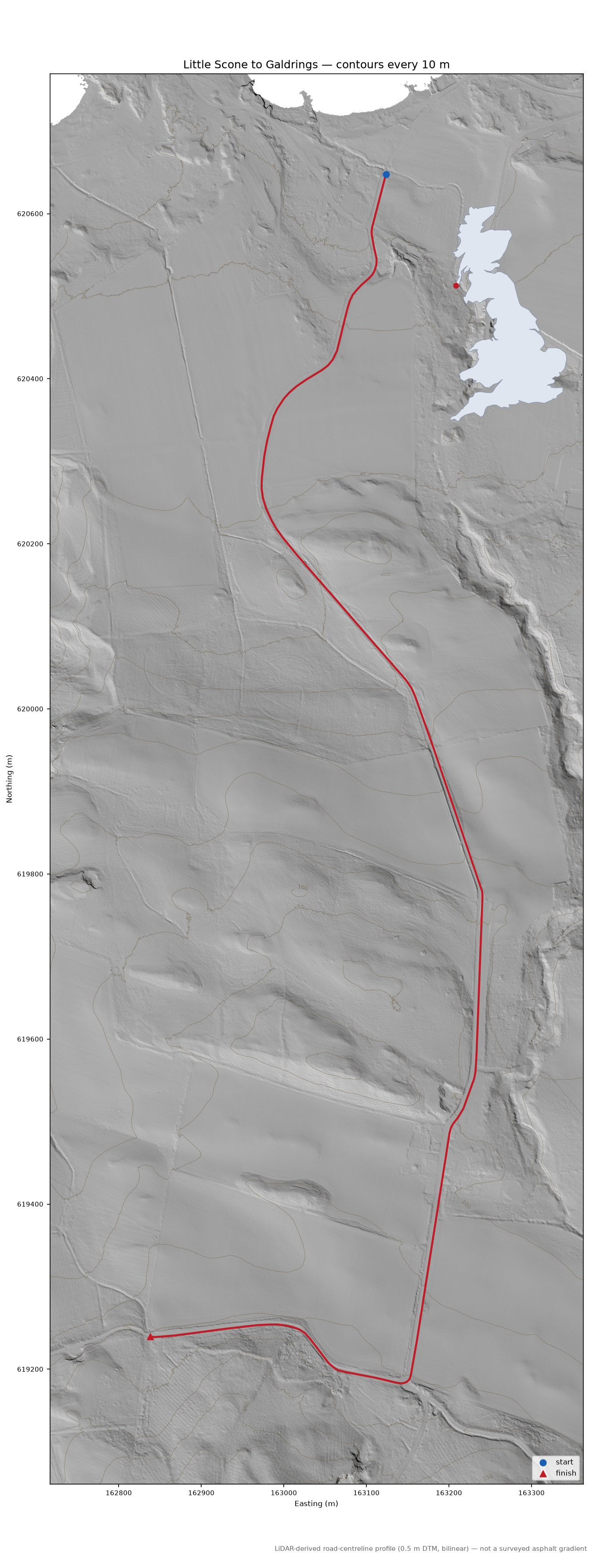 Little Scone to Galdrings LiDAR hillshade map with contours