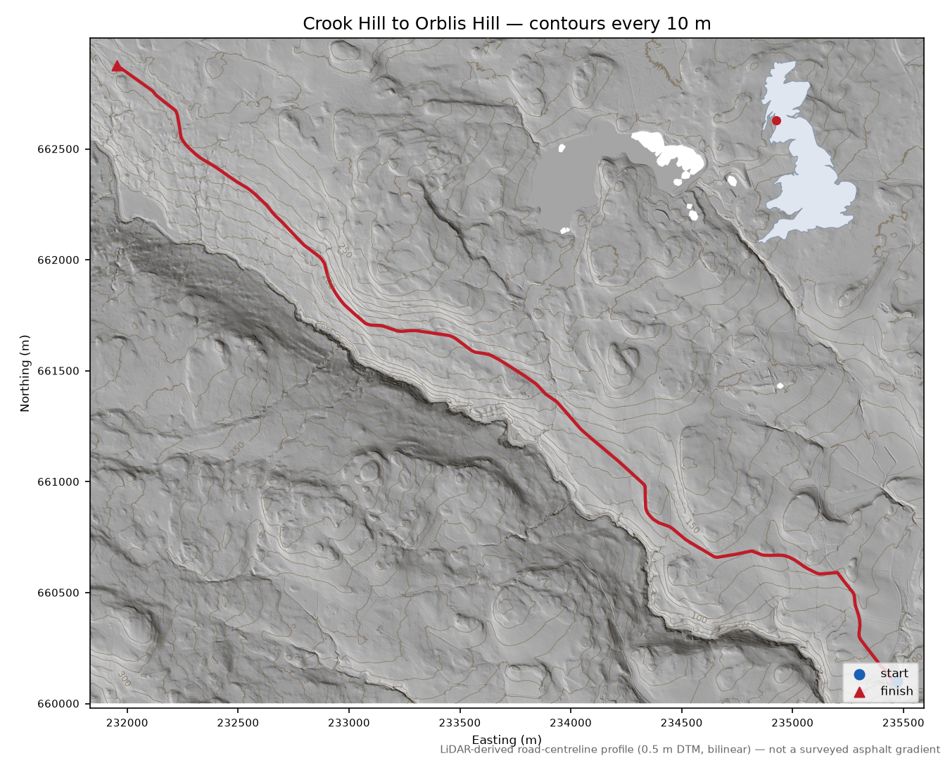 Crook Hill to Orblis Hill LiDAR hillshade map with contours