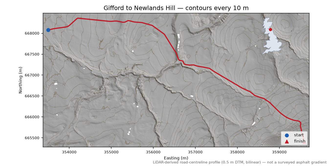 Gifford to Newlands Hill LiDAR hillshade map with contours