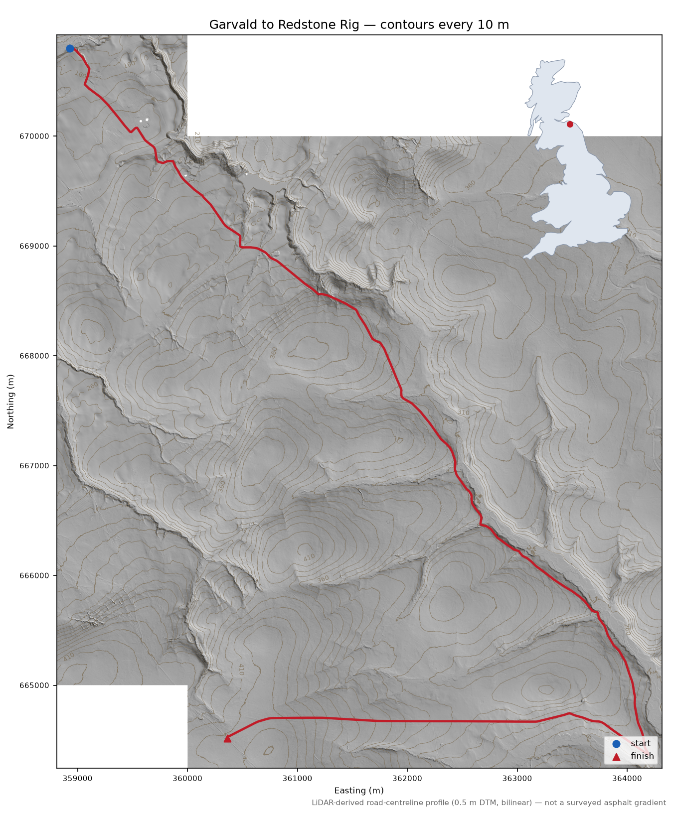 Garvald to Redstone Rig LiDAR hillshade map with contours