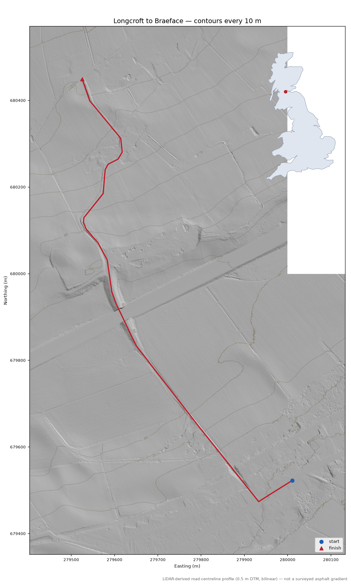 Longcroft to Braeface LiDAR hillshade map with contours