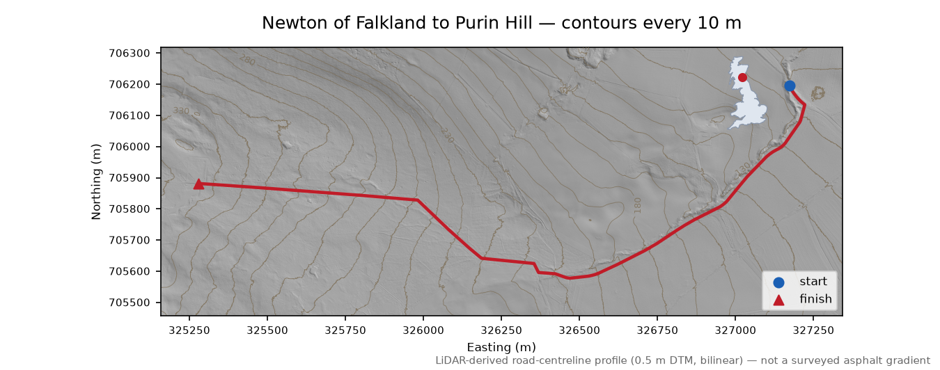 Newton of Falkland to Purin Hill LiDAR hillshade map with contours