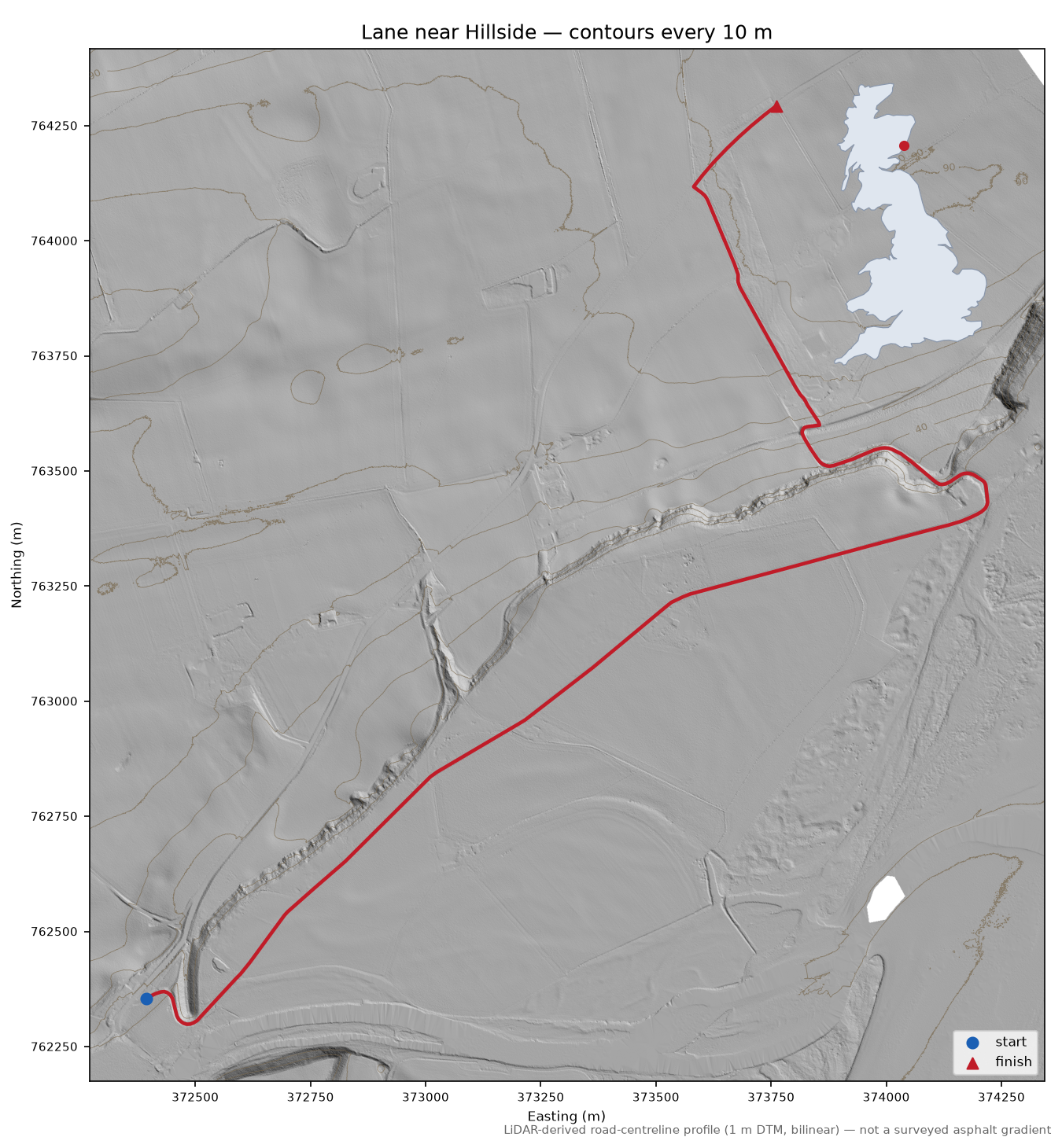 Lane near Hillside LiDAR hillshade map with contours