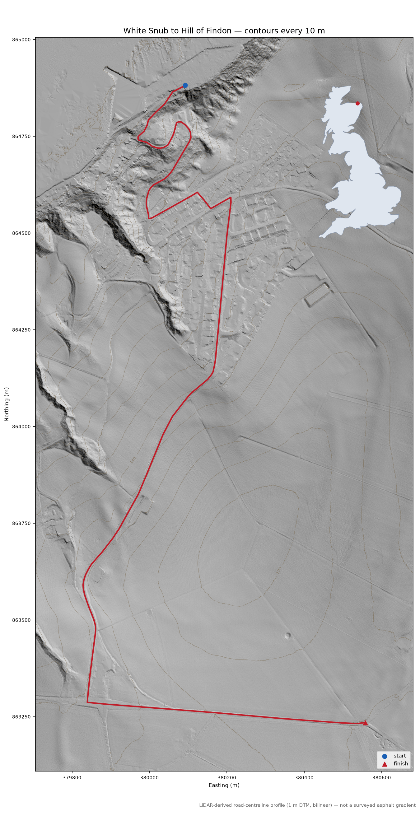 White Snub to Hill of Findon LiDAR hillshade map with contours