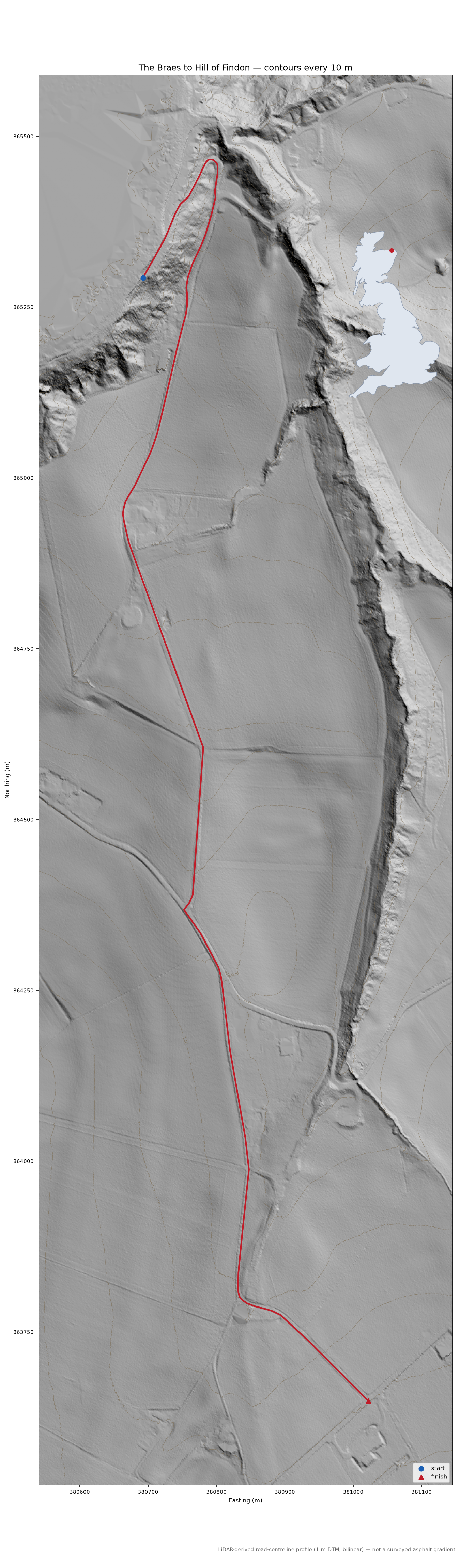 The Braes to Hill of Findon LiDAR hillshade map with contours