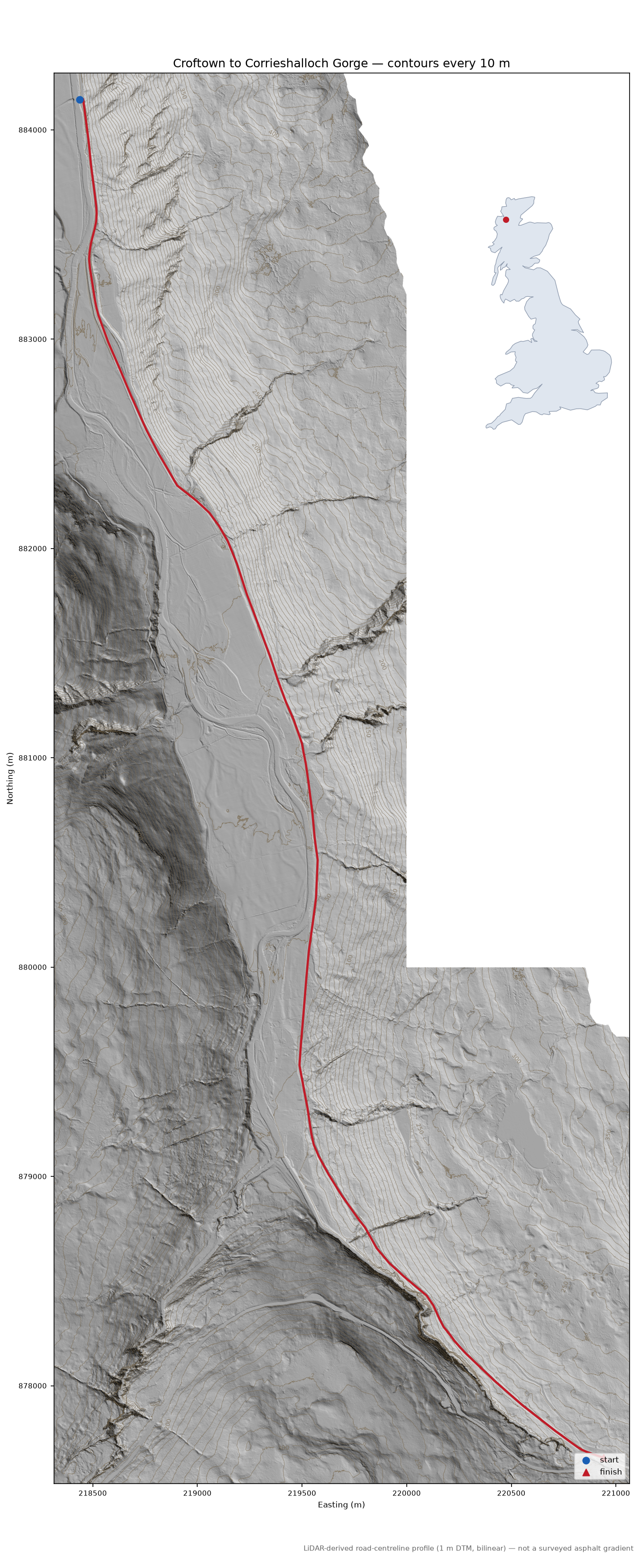 Croftown to Corrieshalloch Gorge LiDAR hillshade map with contours