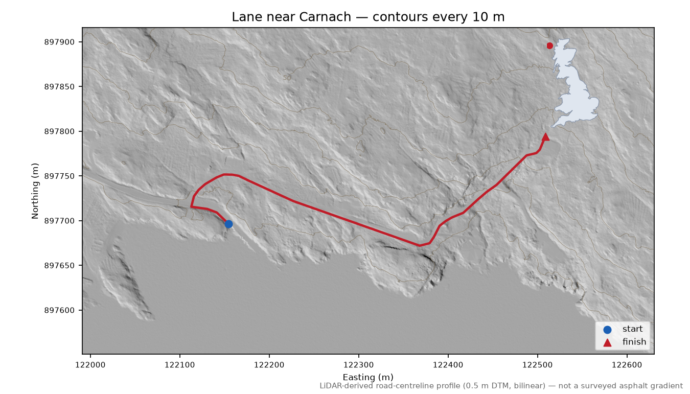 Lane near Carnach LiDAR hillshade map with contours