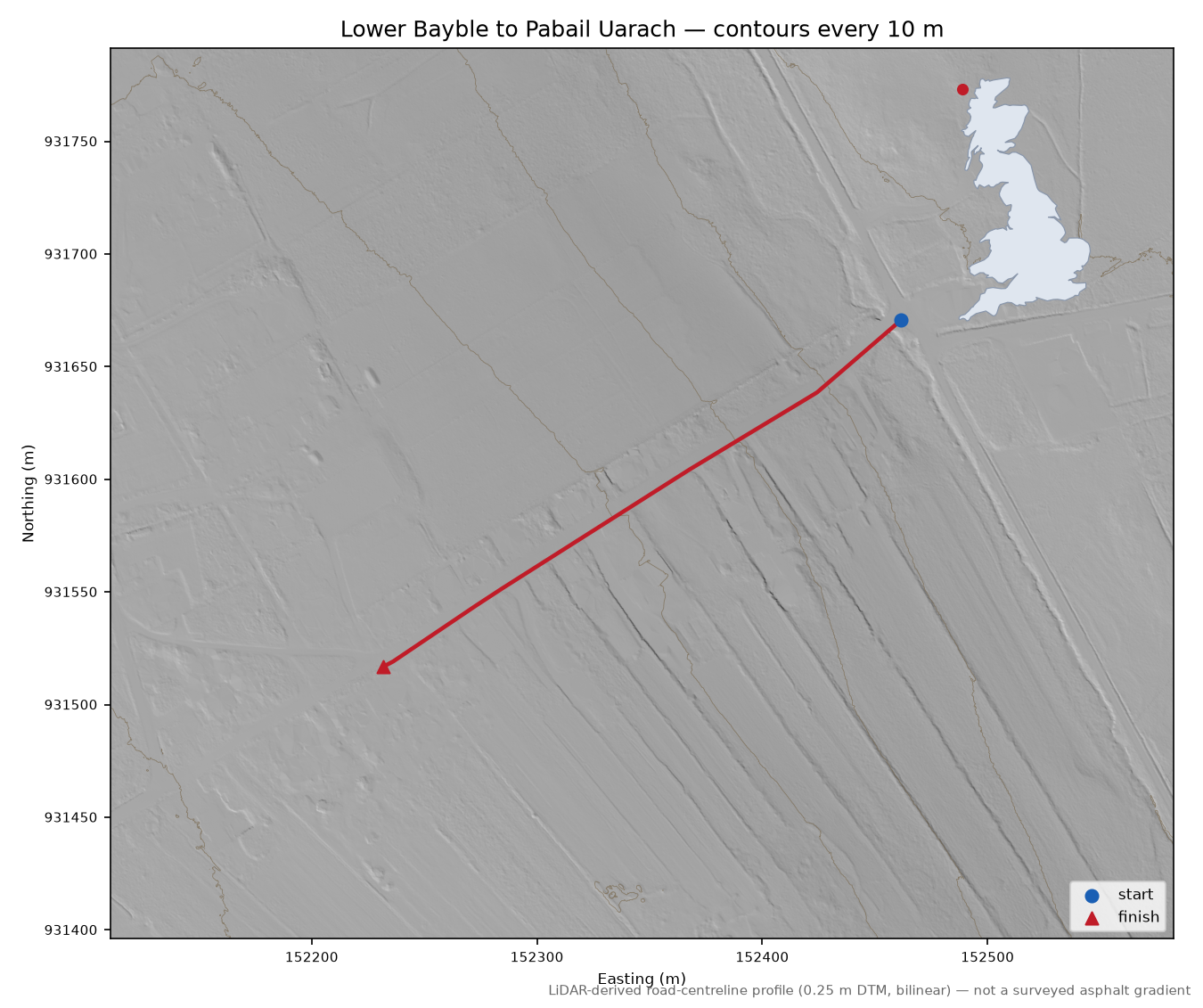 Lower Bayble to Pabail Uarach LiDAR hillshade map with contours