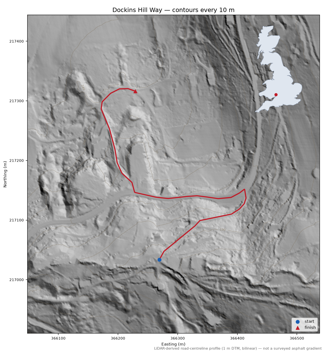 Dockins Hill Way LiDAR hillshade map with contours