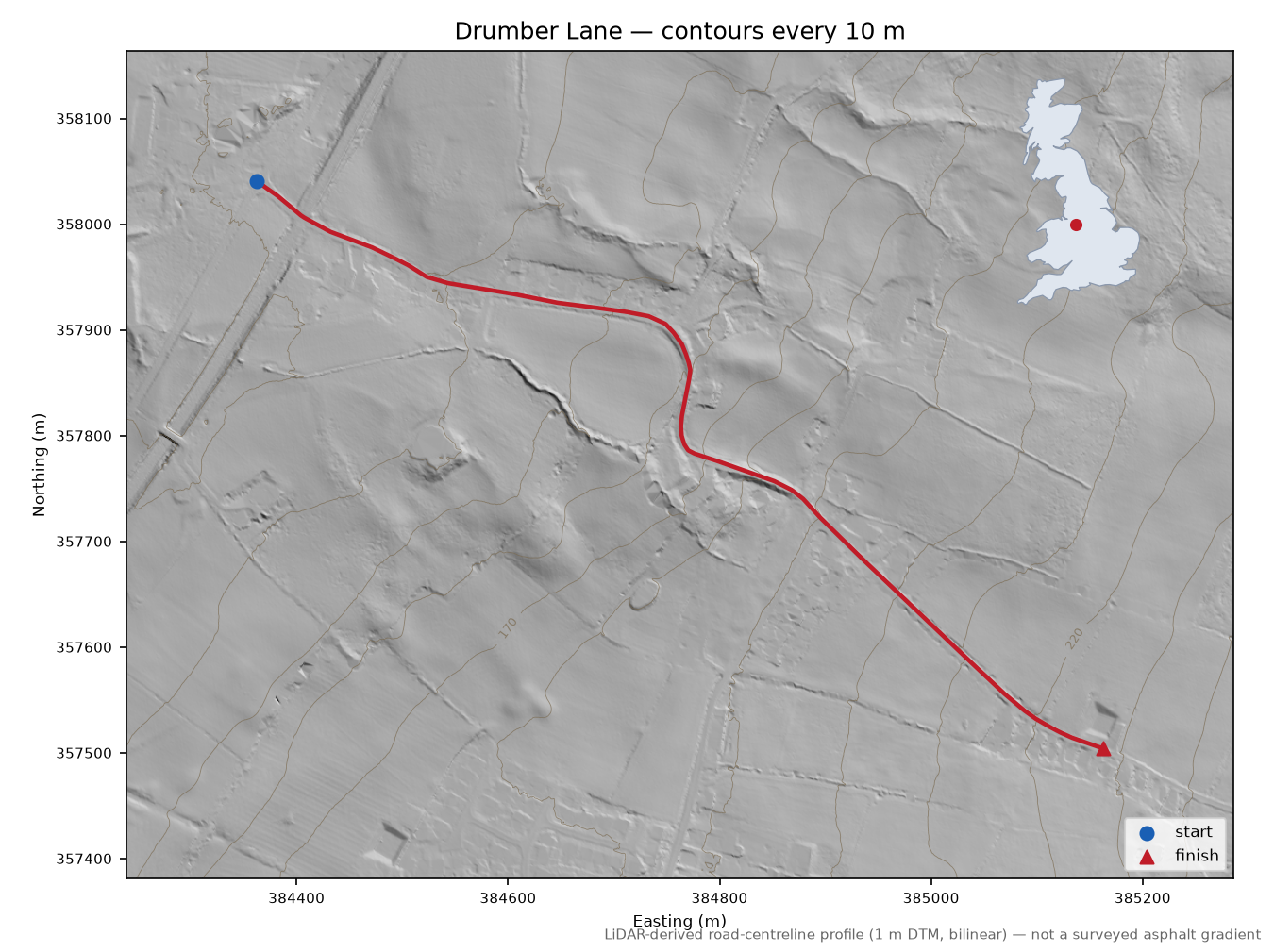 Drumber Lane LiDAR hillshade map with contours