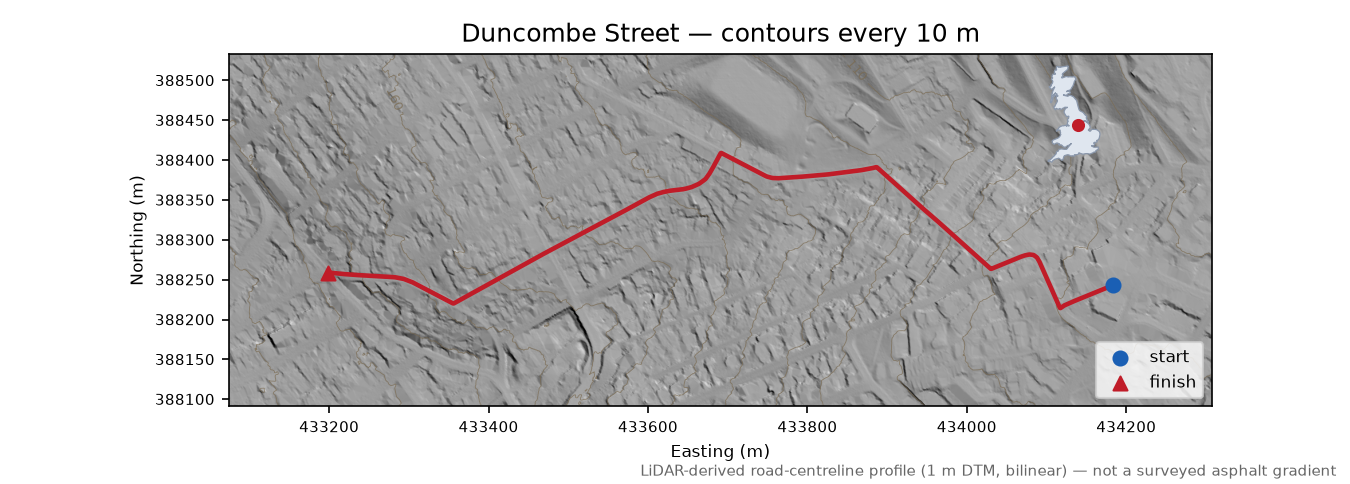Duncombe Street LiDAR hillshade map with contours