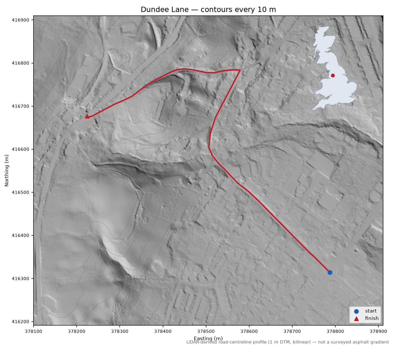 Dundee Lane LiDAR hillshade map with contours
