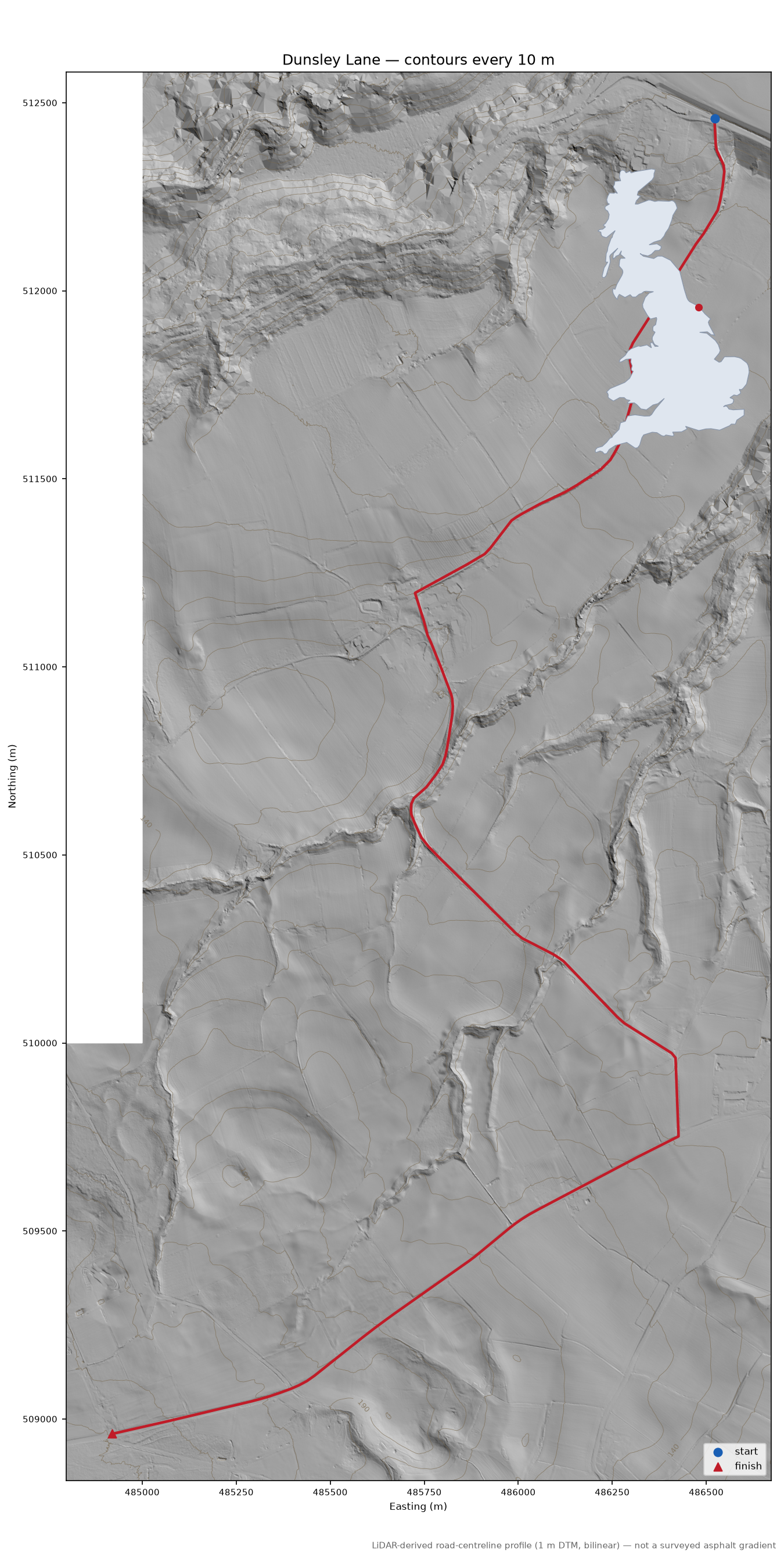 Dunsley Lane LiDAR hillshade map with contours