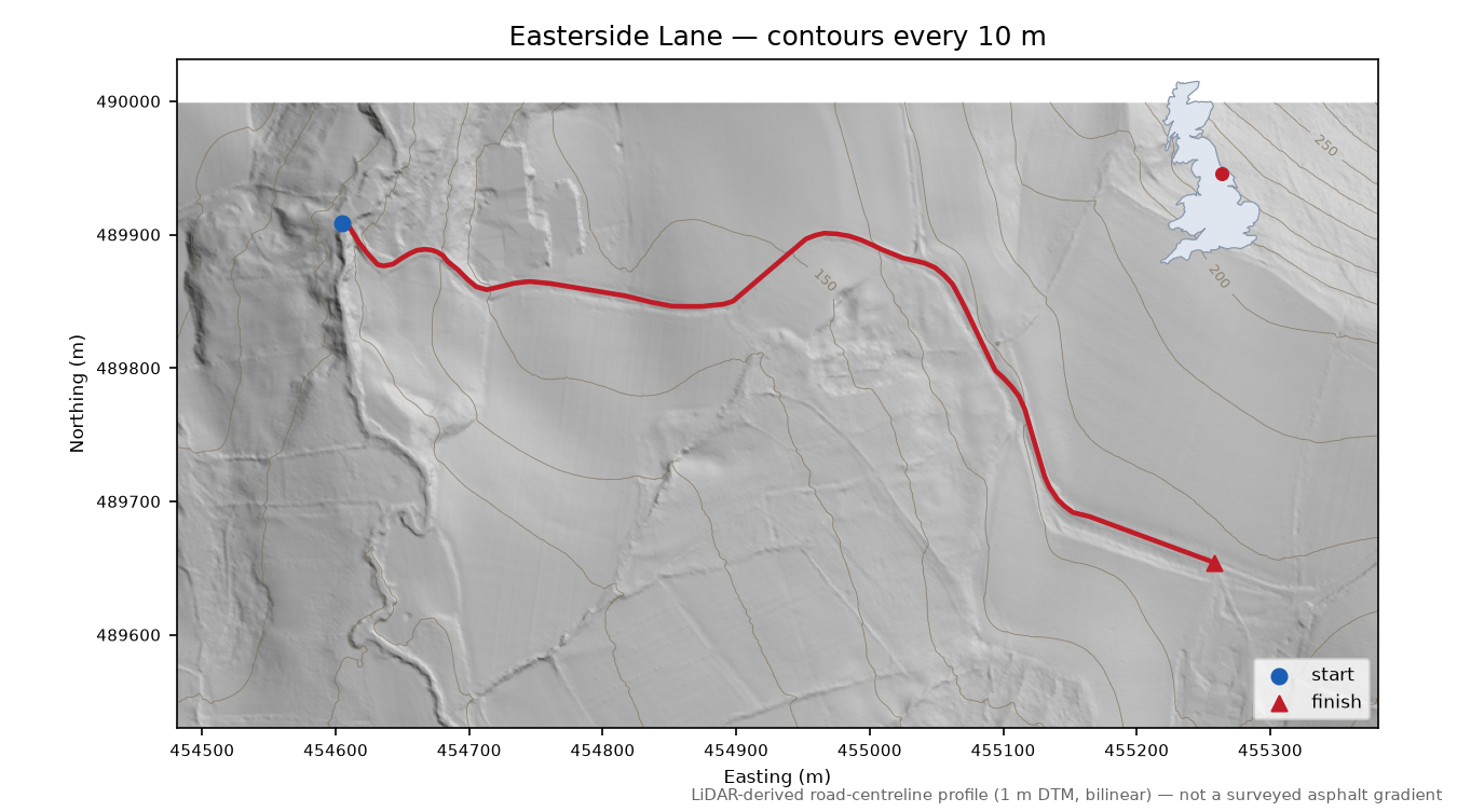 Easterside Lane LiDAR hillshade map with contours