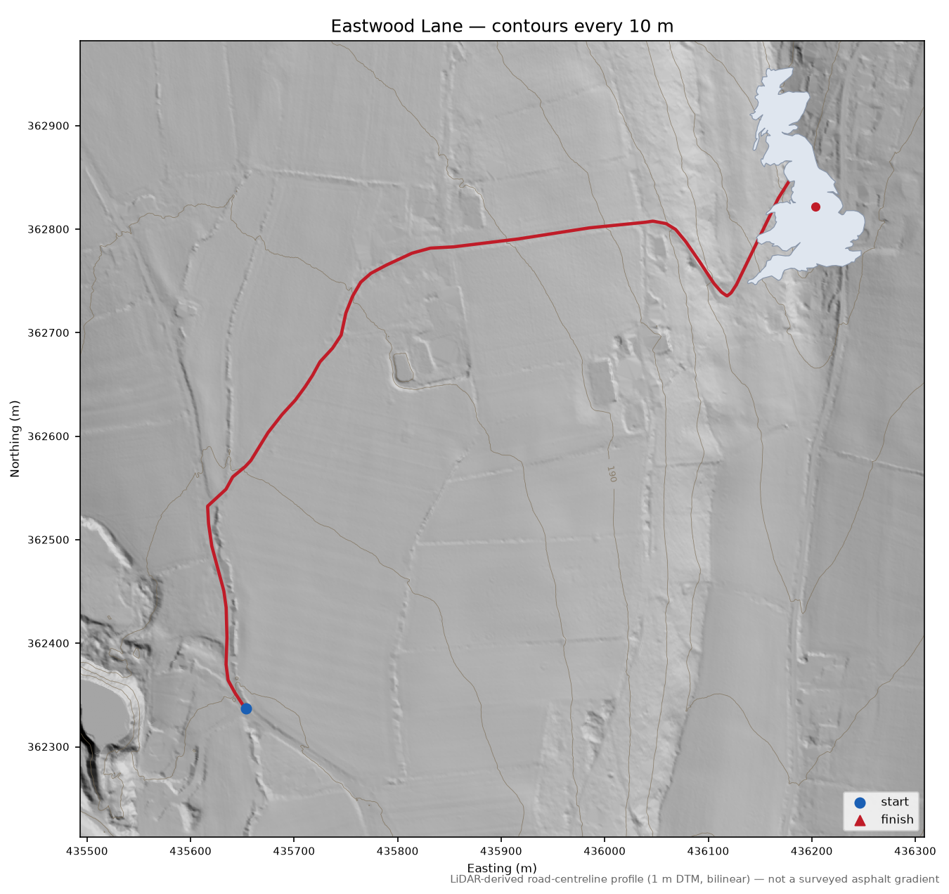 Eastwood Lane LiDAR hillshade map with contours