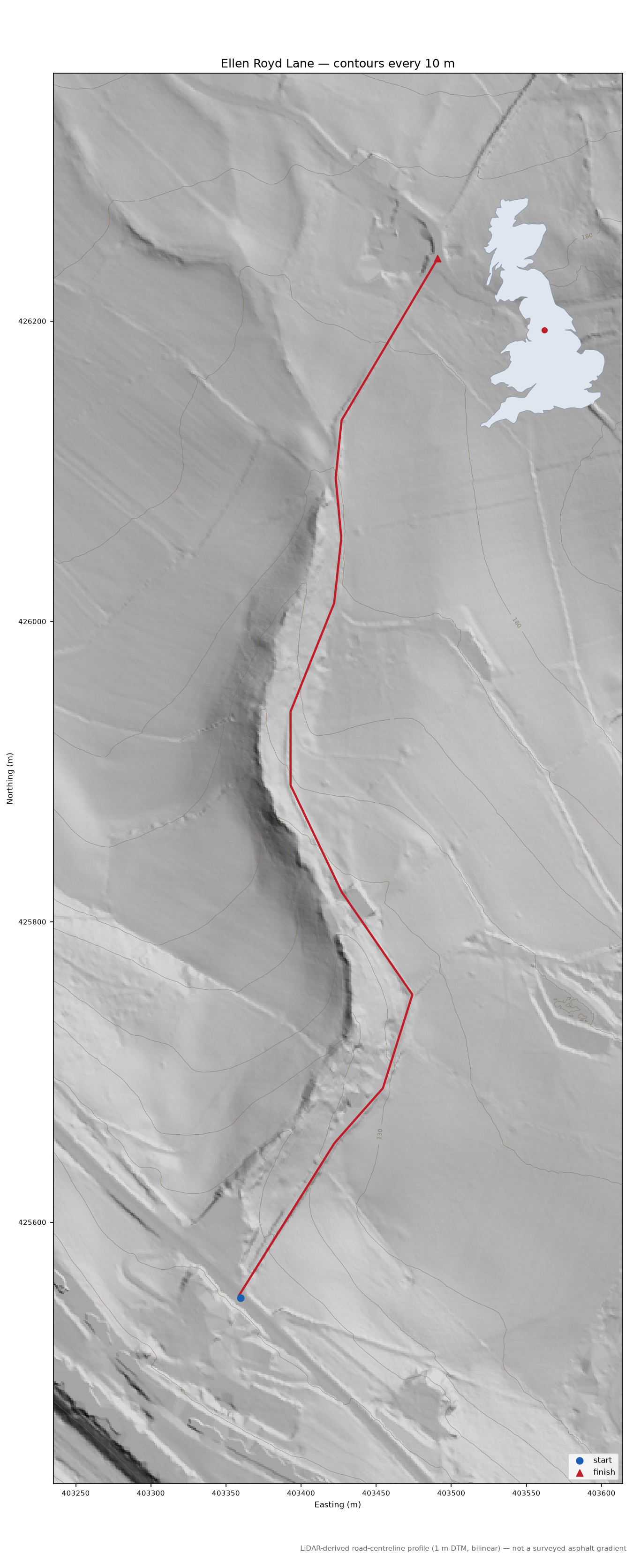 Ellen Royd Lane LiDAR hillshade map with contours