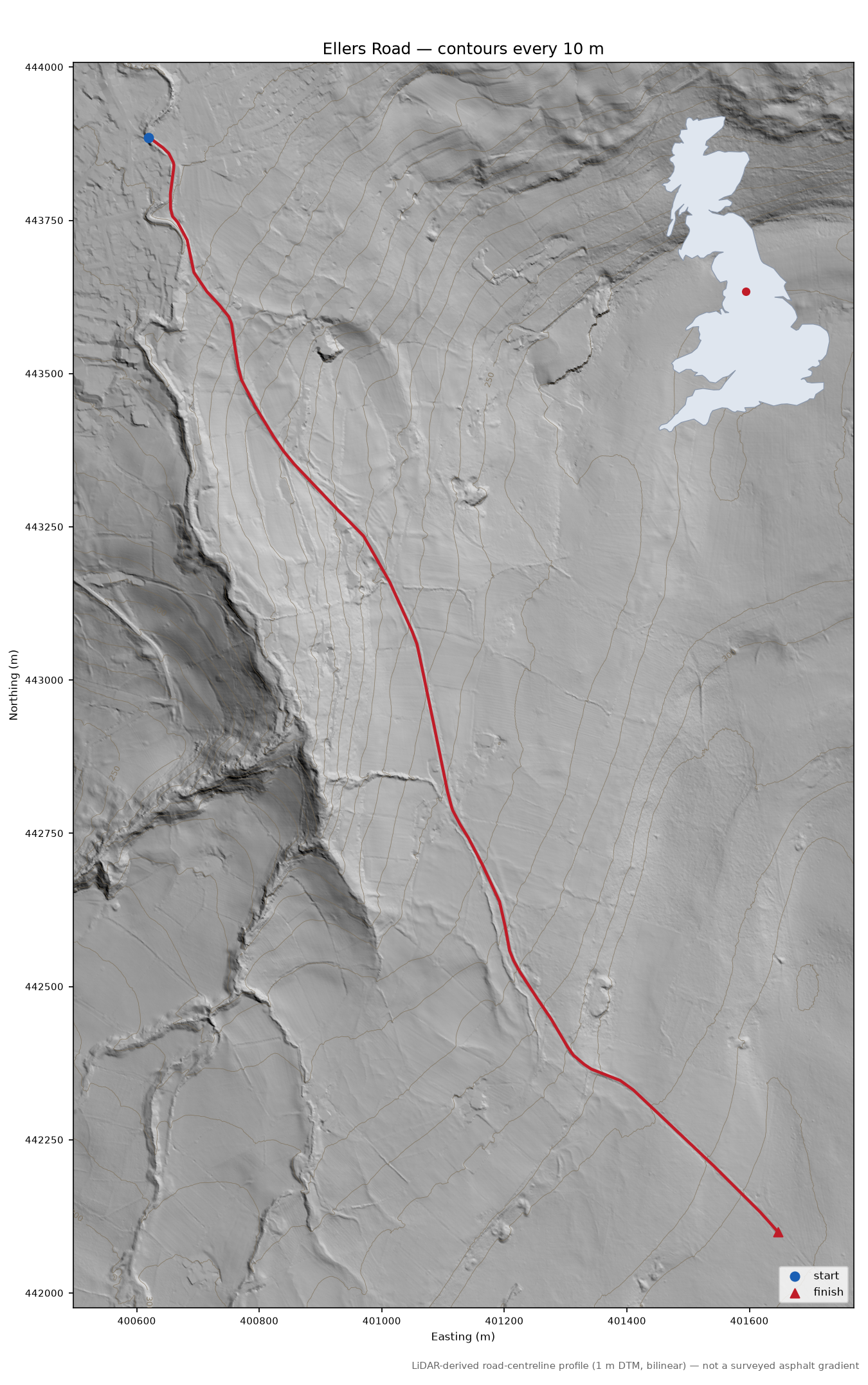 Ellers Road LiDAR hillshade map with contours