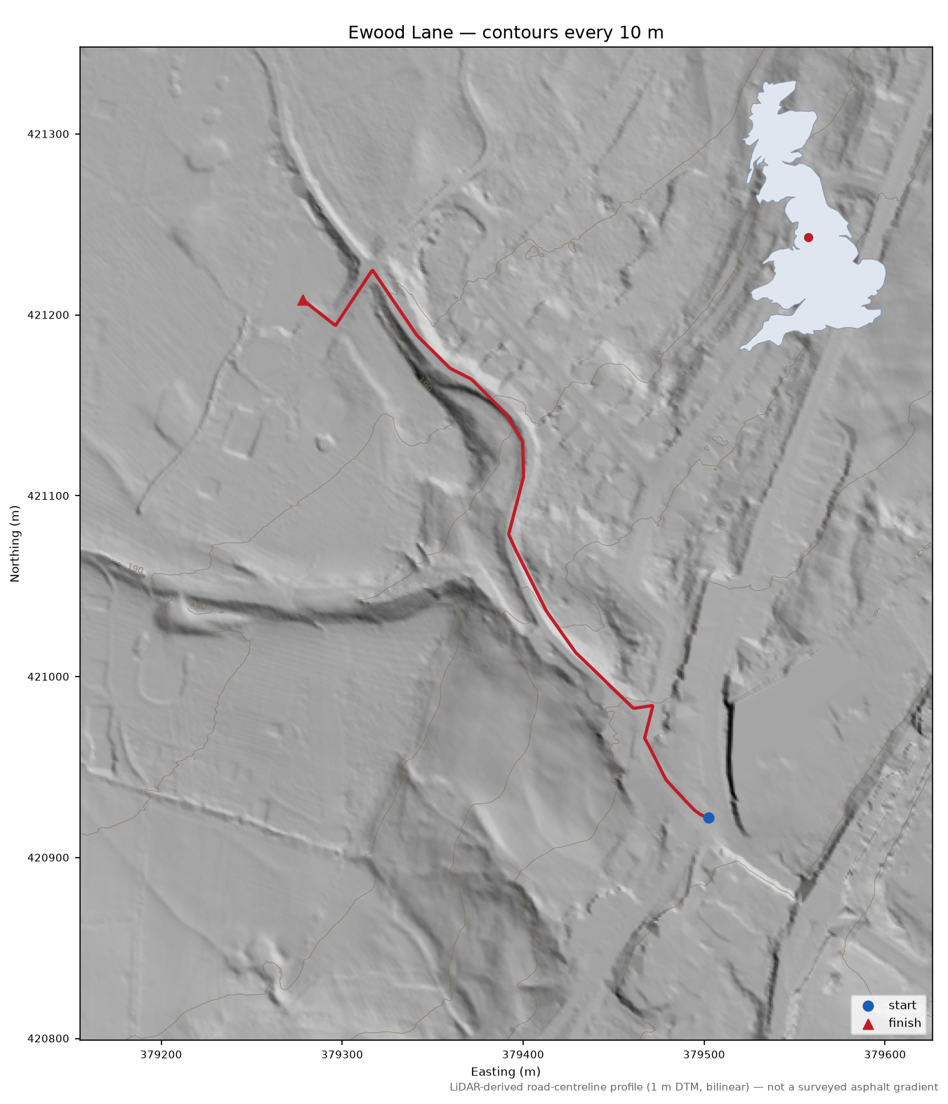 Ewood Lane LiDAR hillshade map with contours