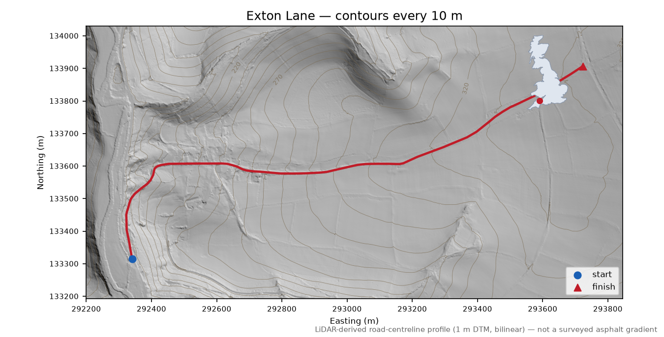 Exton Lane LiDAR hillshade map with contours