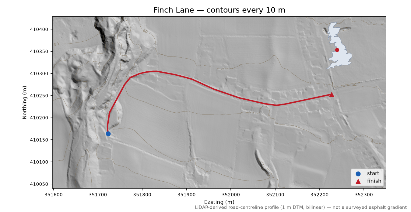 Finch Lane LiDAR hillshade map with contours