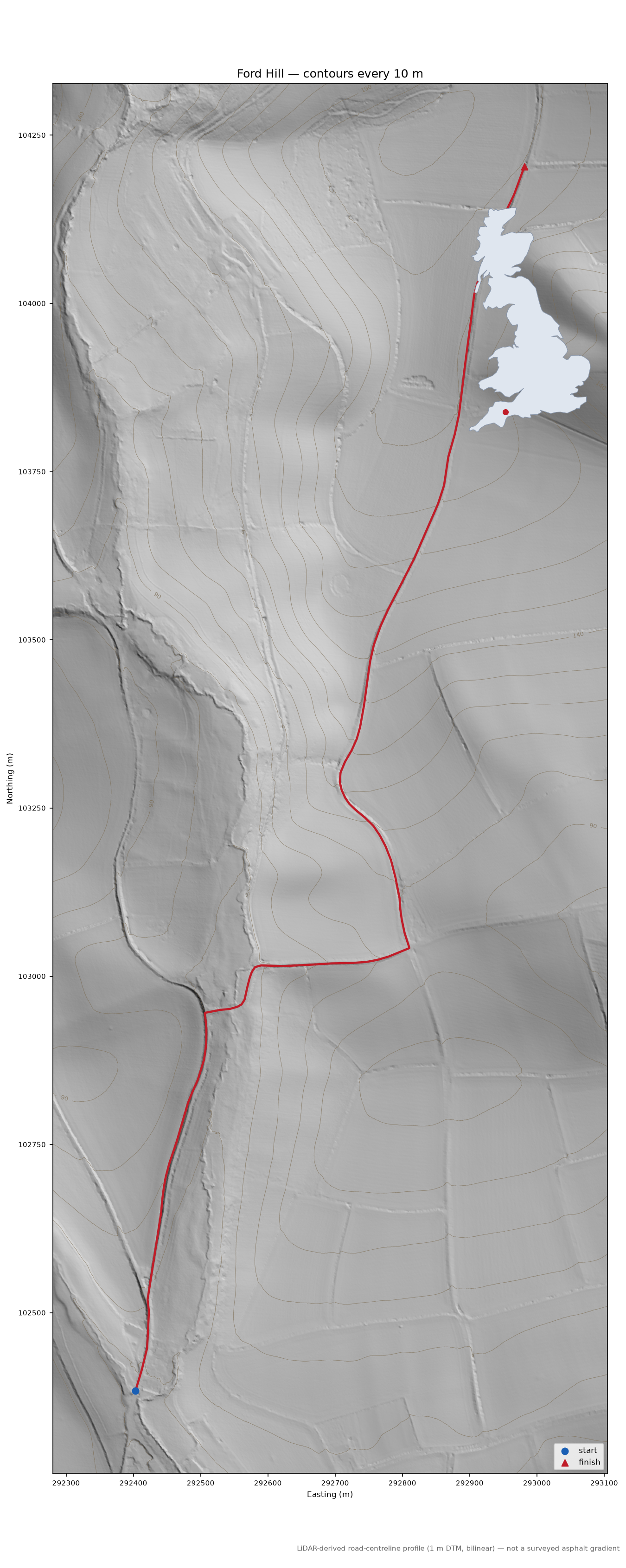 Ford Hill LiDAR hillshade map with contours